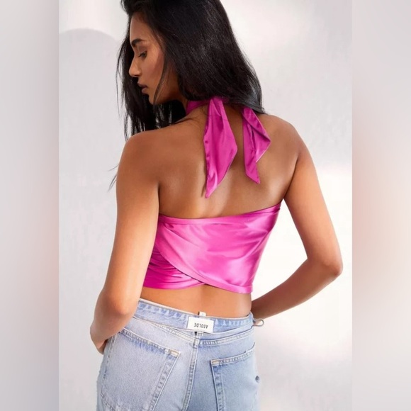 Free People Hot Takes Convertible HALTER TUBE Satin Brami Top Fuchsia Pink L - Picture 6 of 10